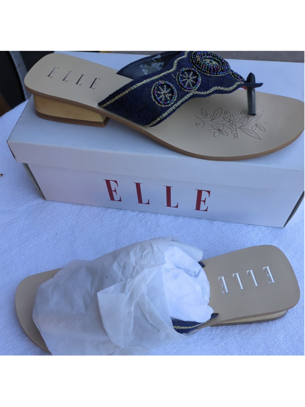 Women's Elle Sandals US Size 10 Blue Beaded Boho Indian Inspired Low Heel 1"